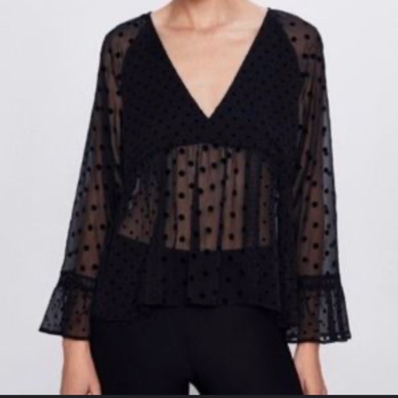 Zara Polka Dot V Neck Black - Picture 1 of 4